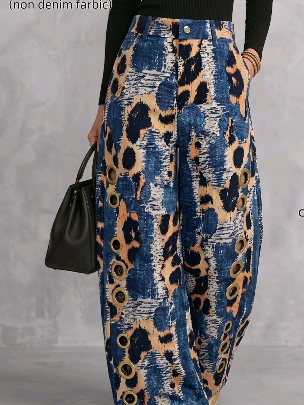 Womens Printed Wide-Leg Pants with Grommet Detail - Blue/Tan